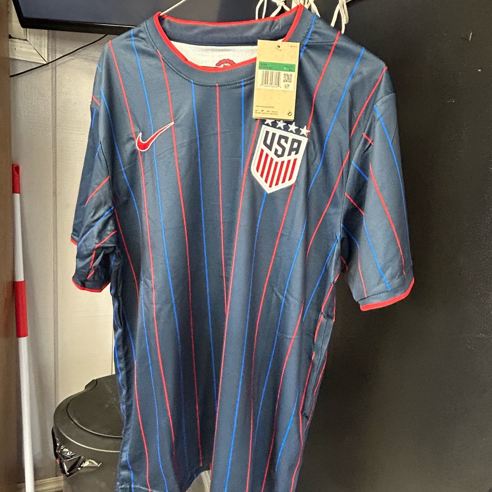 Nike USA Navy Blue Soccer Jersey with Red & Blue Pinstripes